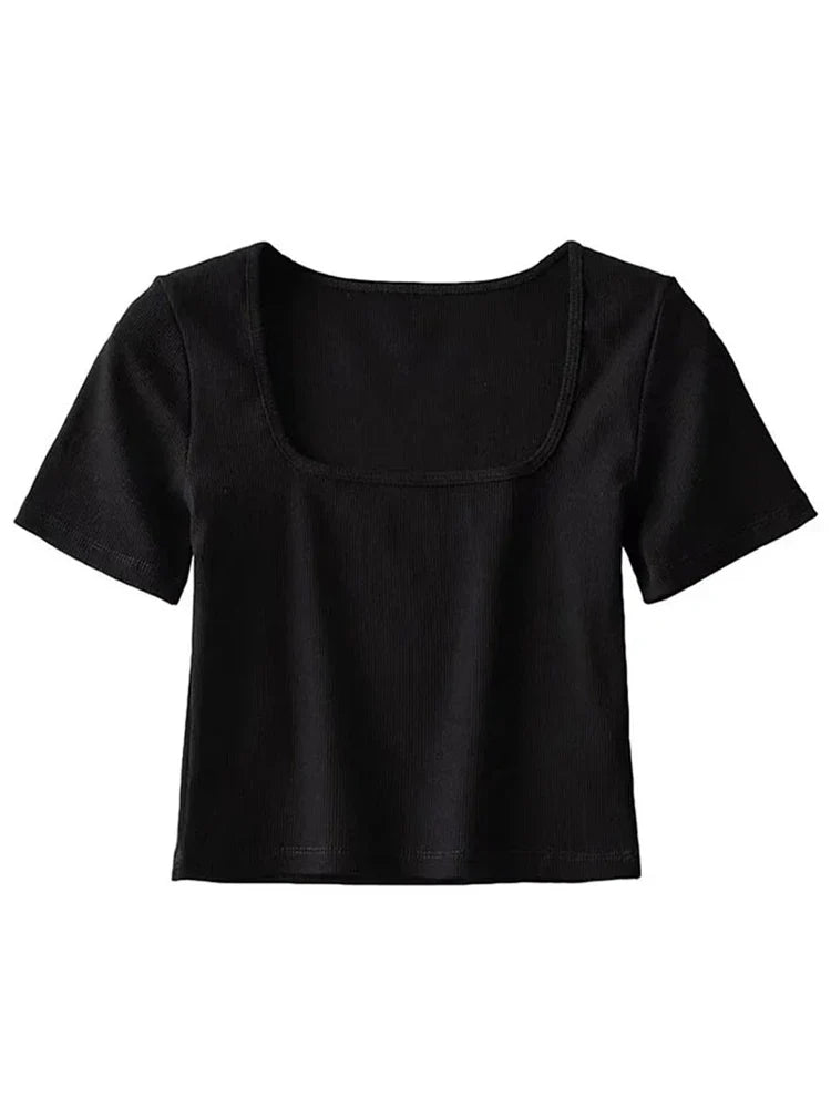 Square Neck Ribbed Short Sleeve Crop Top