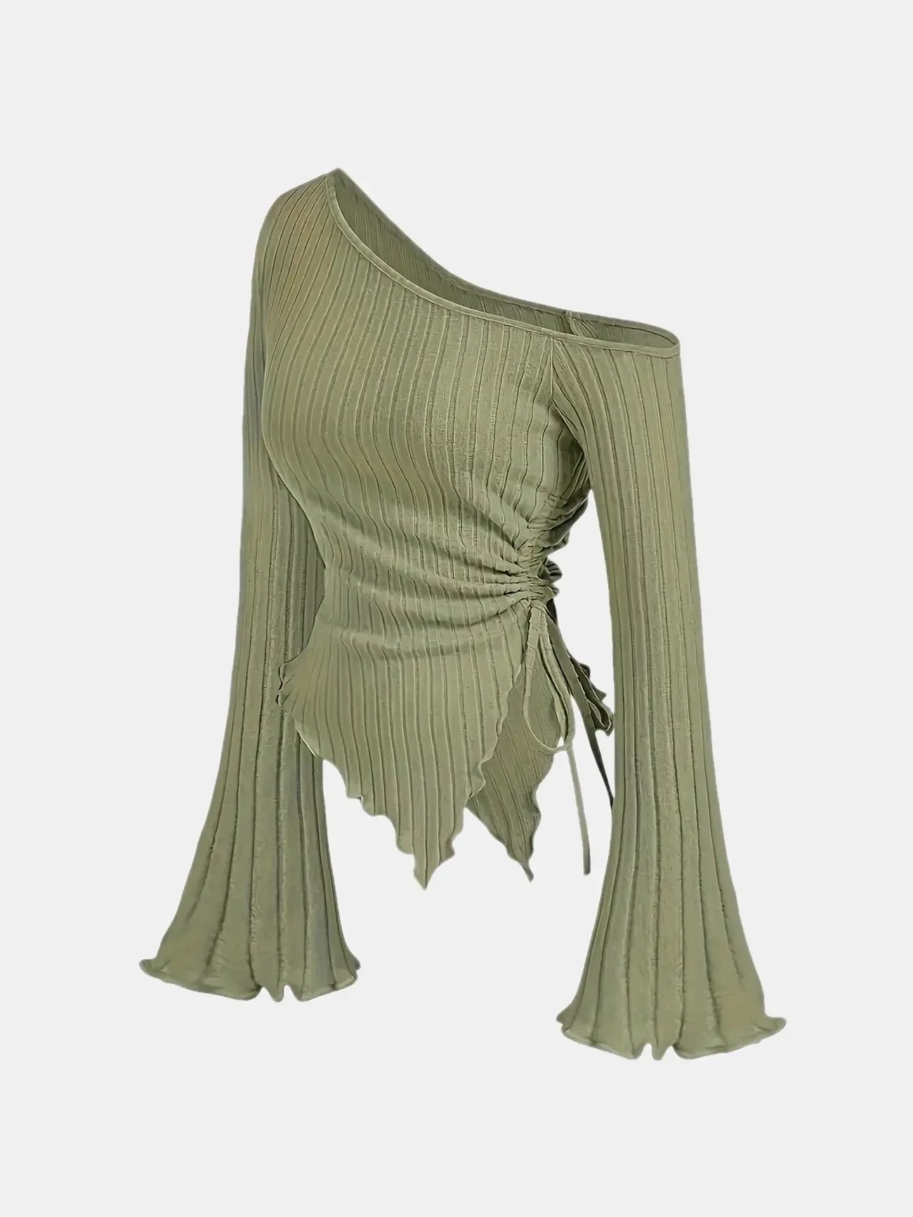 Off-Shoulder Trumpet Sleeve Top | Women's Slim Fit Asymmetric Elegant Tee