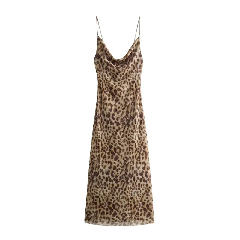 Leopard Print Tulle Slip Dress Women Backless Vintage Sexy Party Midi Holiday Dress