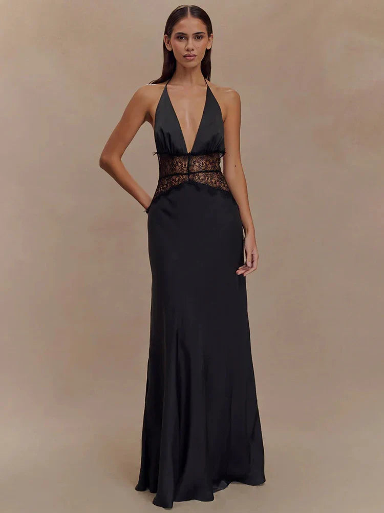 Backless Lace Halter Deep V Neck Maxi Dress | Women's Elegant Evening Gown