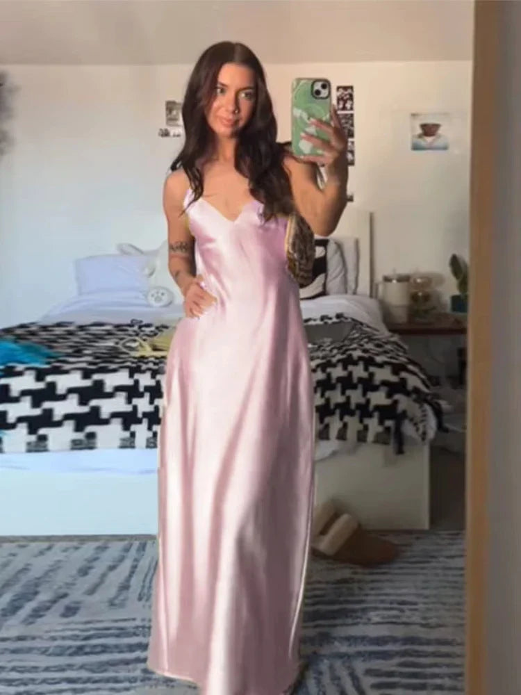 Satin Sling Backless Maxi Dress