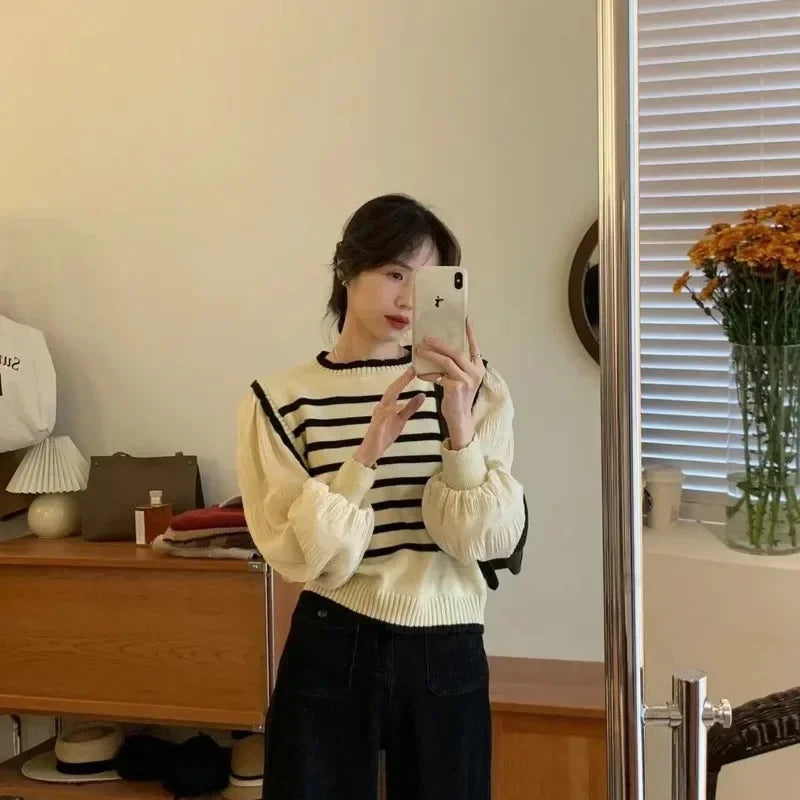 Striped Layered Knit Sweater Long Sleeve Loose Fit Pullover