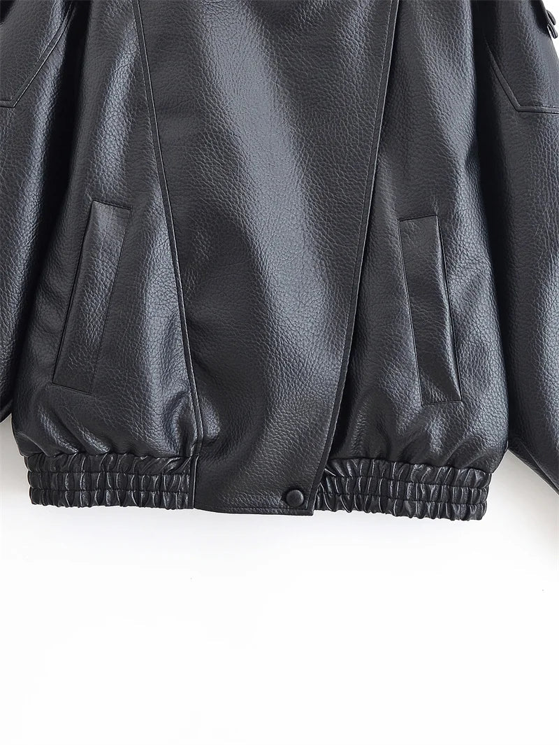 Long Sleeve Pebble Faux Leather Jacket Motorcycle Style Personality Fashion