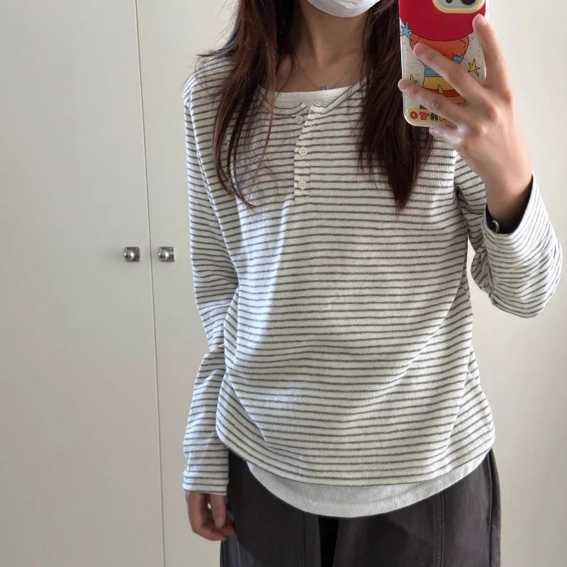 Women's Vintage Striped Fake Two-Piece Top