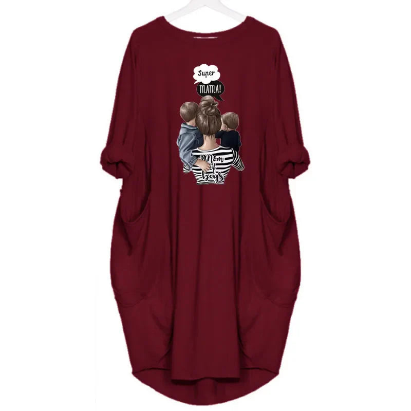 Plus Size Loose Pullover Dress Women Long Sleeve Round Neck Casual Pocket