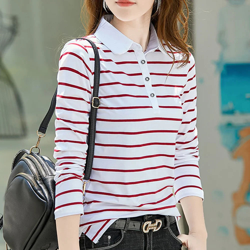 Women's Striped Polo Shirt - Long Sleeve Turn-Down Collar Top