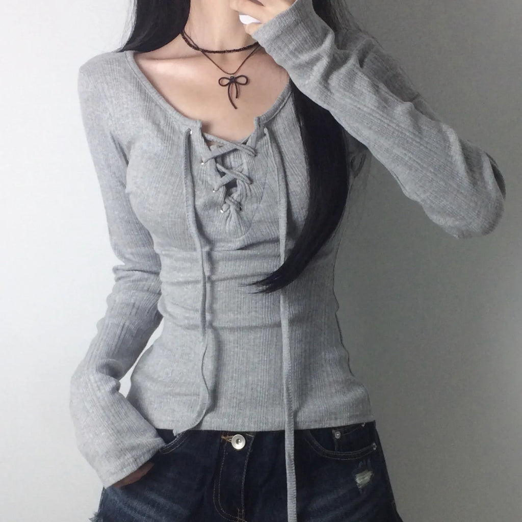 Women's Drawstring Grommet Long-Sleeve Top