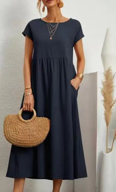 Cotton Linen Short Sleeve Shirred Loose Maxi Sundress