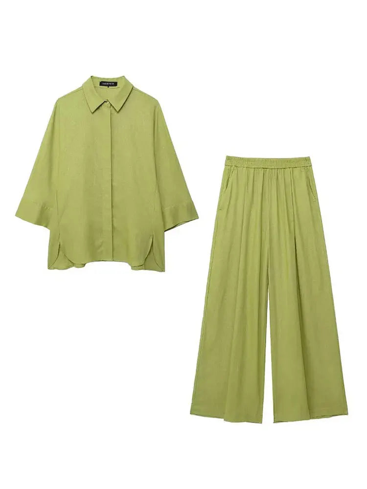 Turn-Down Collar Button Blouse & Wide Leg Pants Set