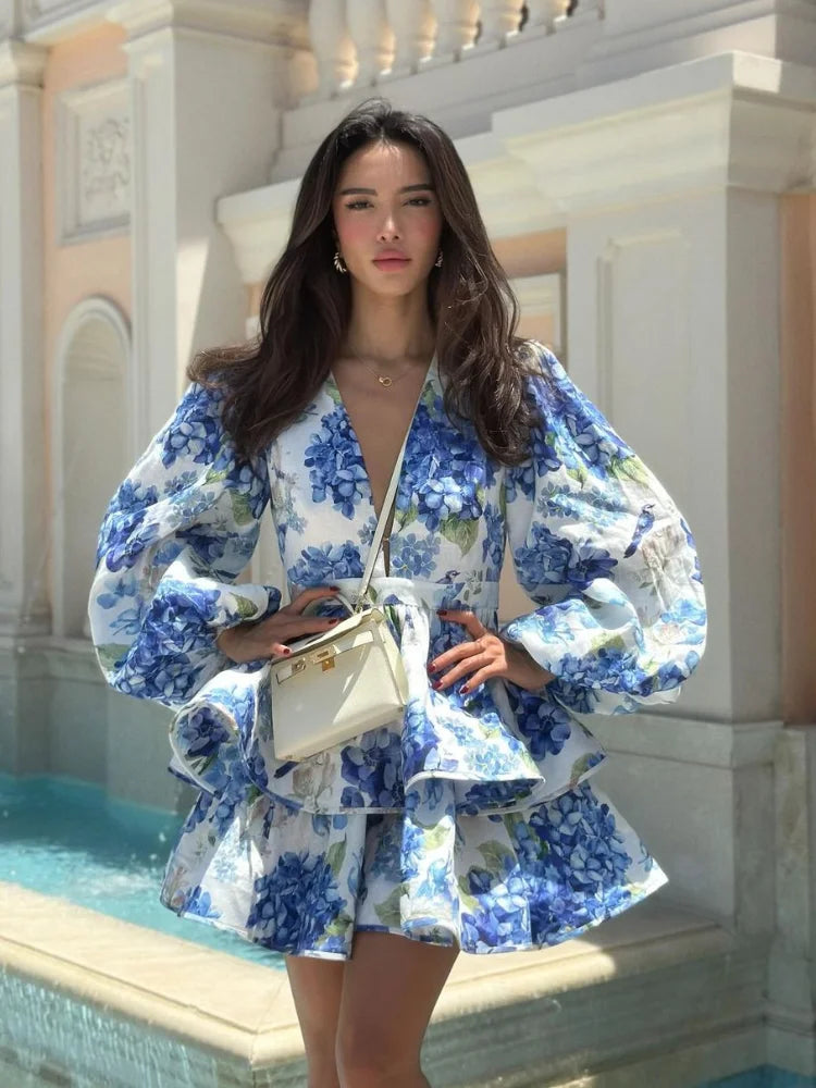 Printed Ruffled Hem Deep V-Neck Dress Long Lantern Sleeve Elegant Vacation Party Dress
