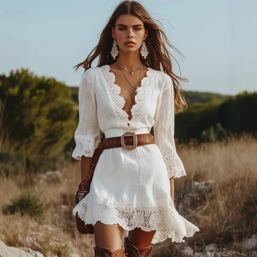 Women's Boho Lace V-Neck Mini Dress