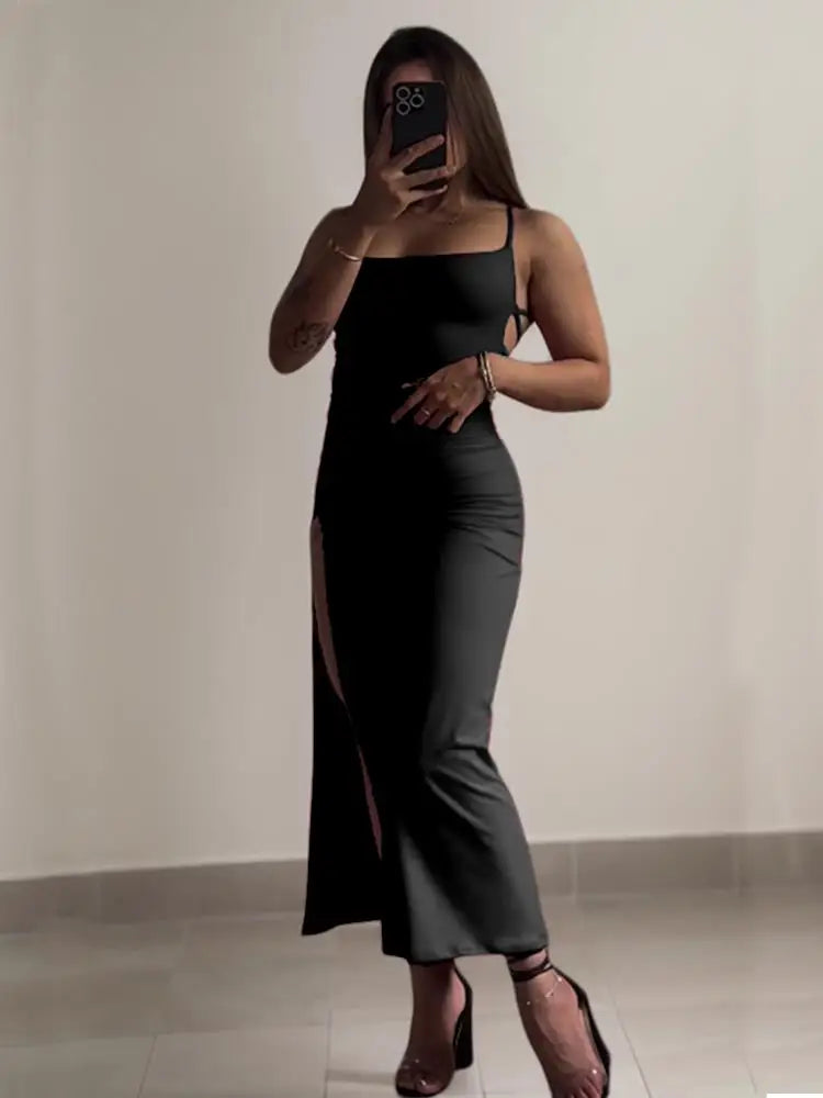 Slash Neck Spaghetti Strap Bodycon Maxi Dress
