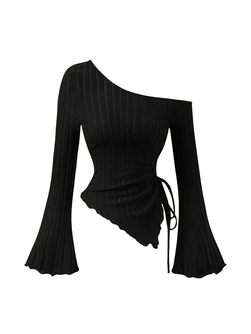 Off-Shoulder Trumpet Sleeve Top | Women's Slim Fit Asymmetric Elegant Tee