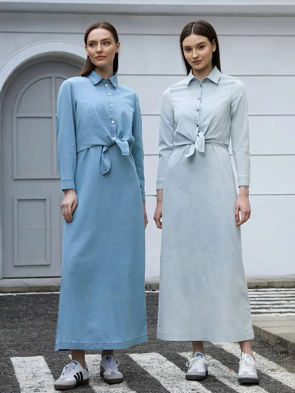 Women Lightweight Denim Wrap Blouse & Slip Dress Set