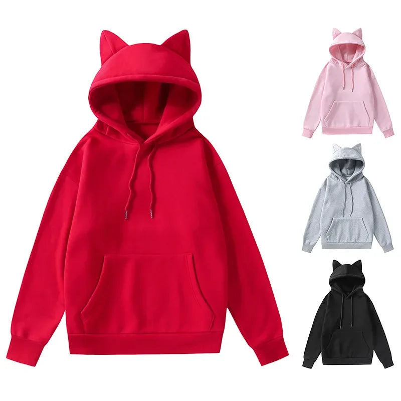 Cat Ear Hooded Fleece Sweater | Women's Cozy Autumn Winter Pullover