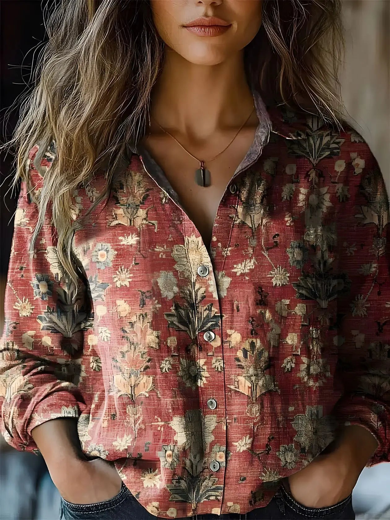 Women's Vintage Print Cotton Linen Shirt - Long Sleeve Casual Blouse