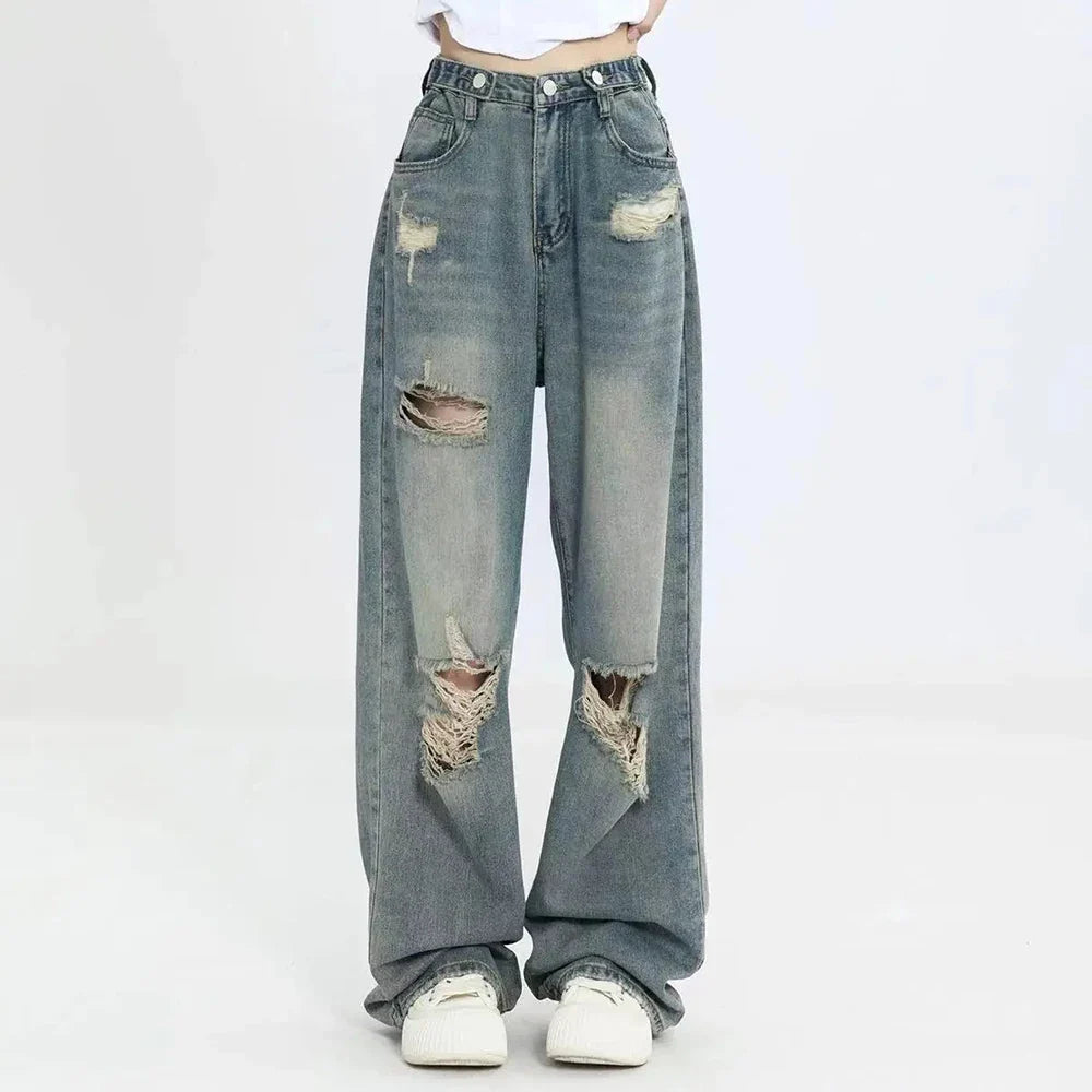 High Waist Distressed Wide Leg Jeans Ripped Loose Fit Retro