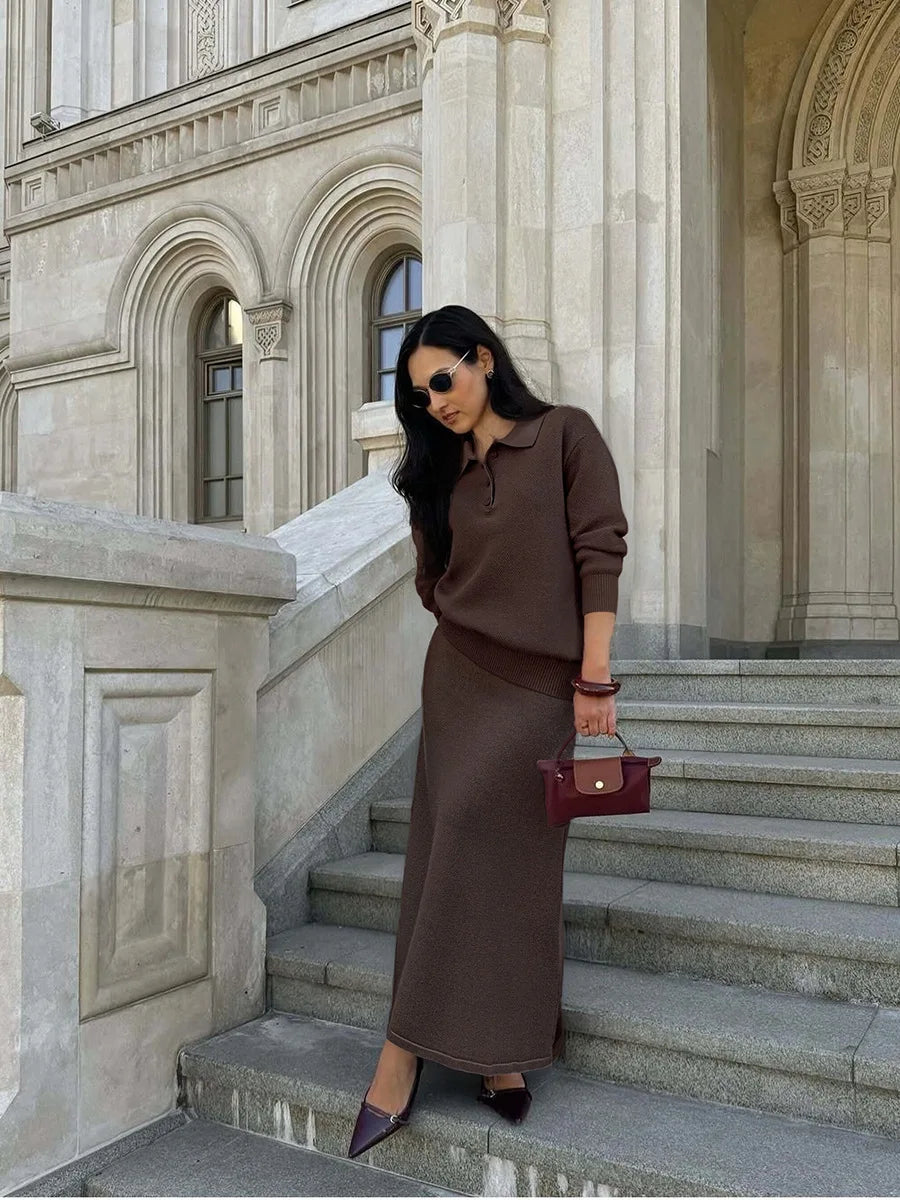 Polo Neck Knit Sweater & Wide Leg Pants Set