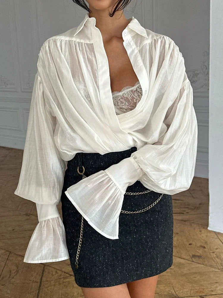 Casual Sheer Patchwork Long Sleeve Blouse