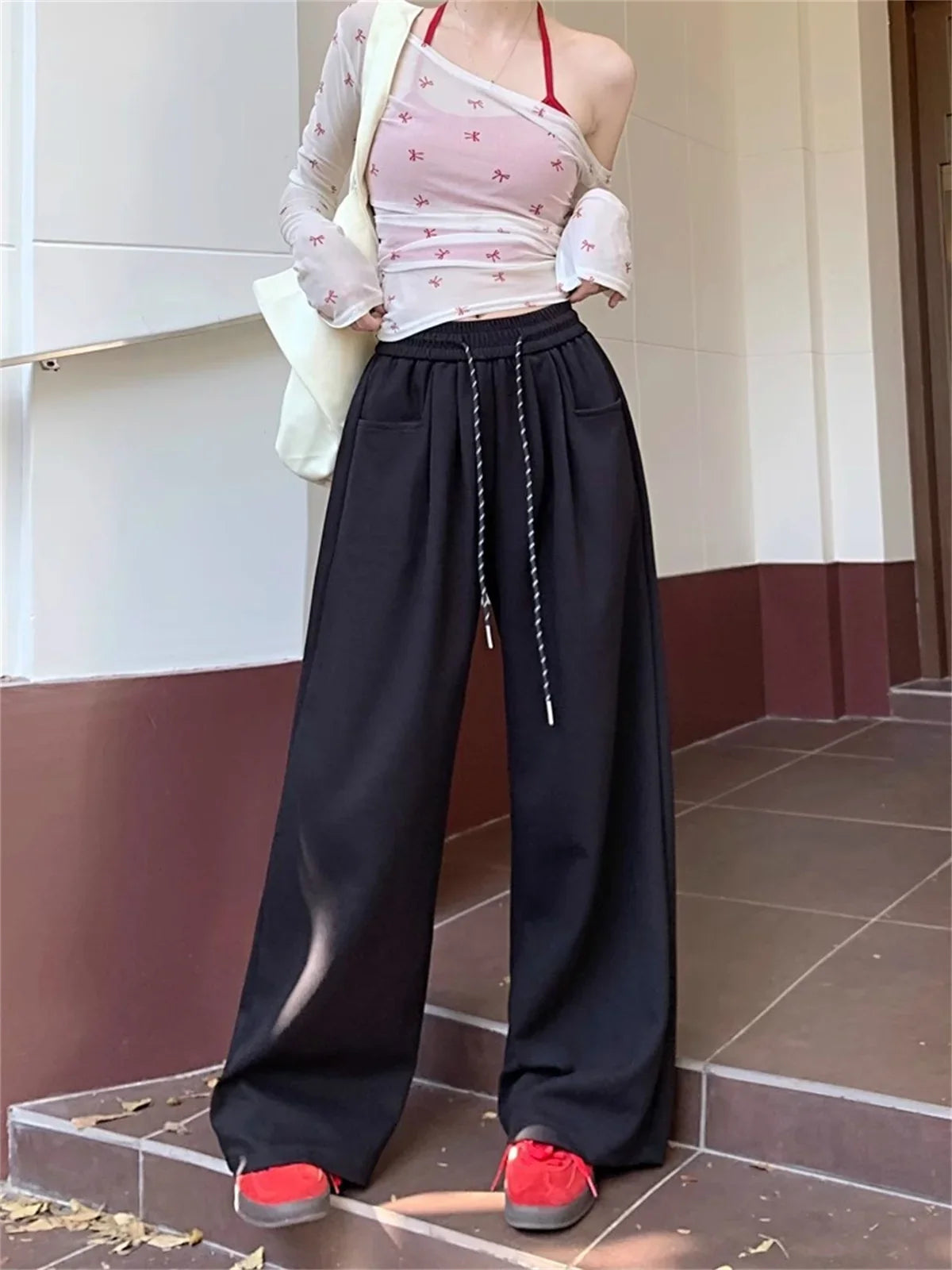 High Waist Straight Wide Leg Pants Loose Fit Pockets Elastic Waist