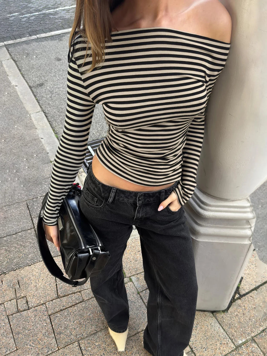 Striped Off Shoulder T-Shirt Women Long Sleeve Slim Fit Top