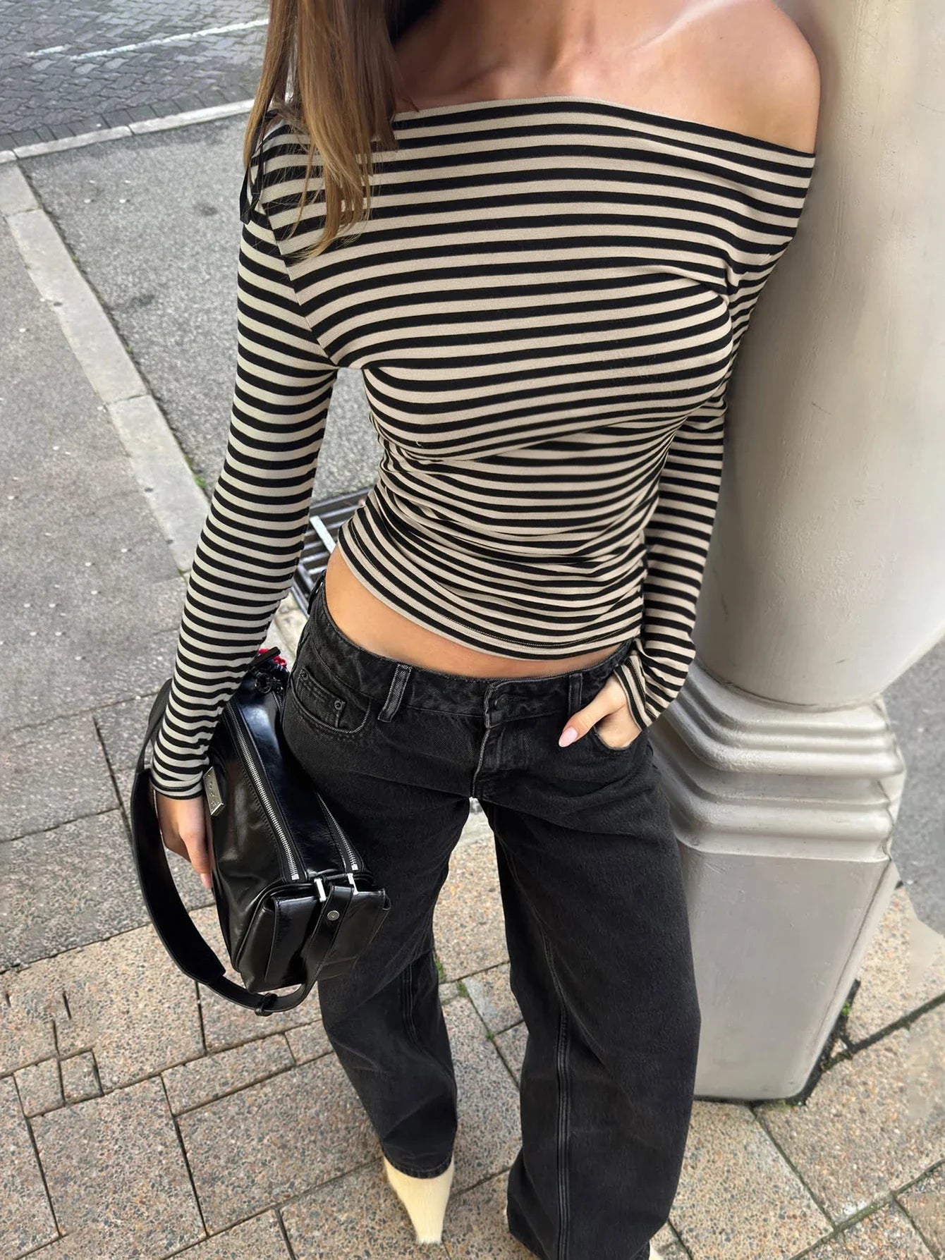 Striped Off Shoulder T-Shirt Women Long Sleeve Slim Fit Top