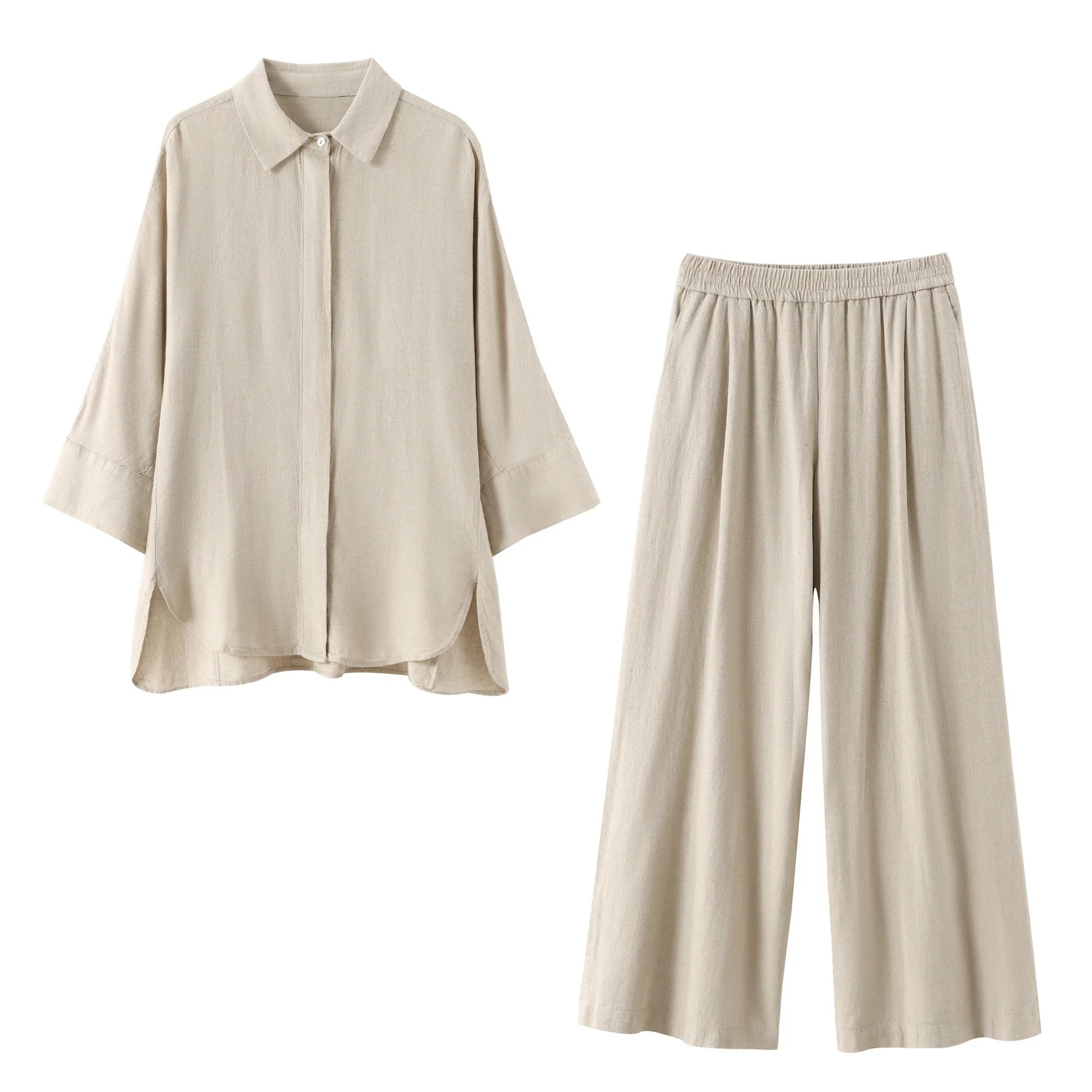 Turn-Down Collar Button Blouse & Wide Leg Pants Set