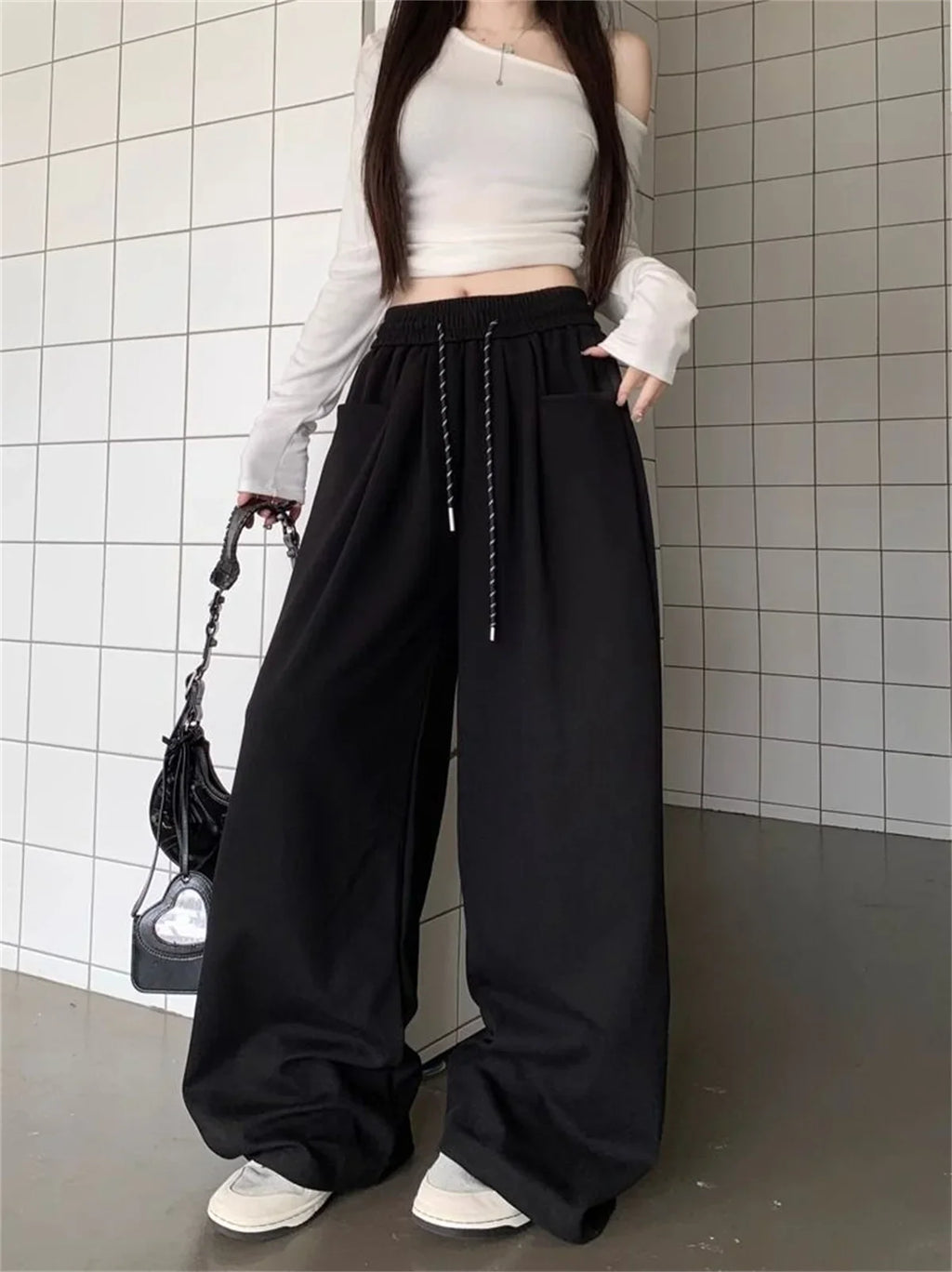 High Waist Straight Wide Leg Pants Loose Fit Pockets Elastic Waist