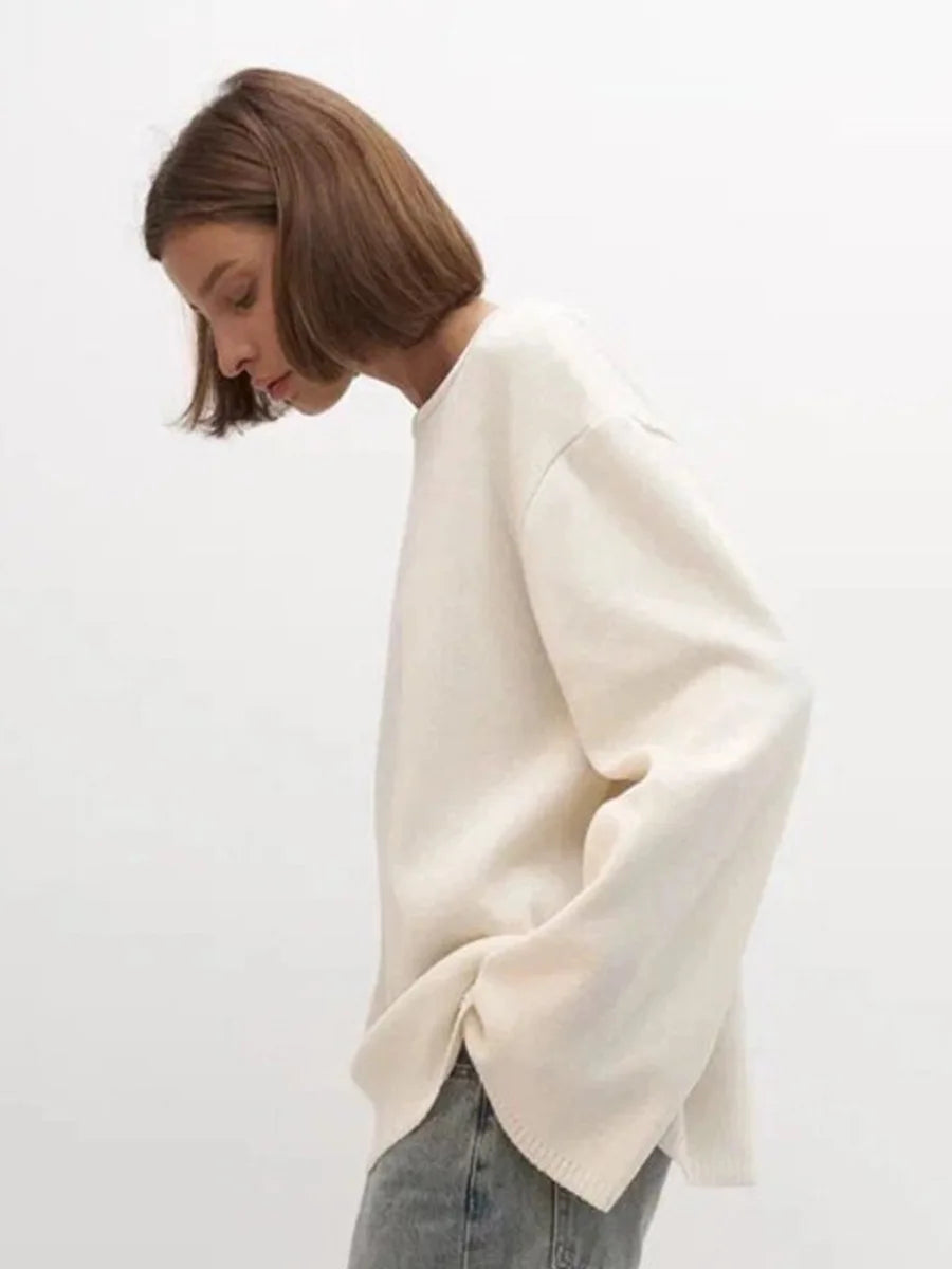 Round Neck Backless Knit Sweater Long Sleeve Loose Fit Hollow-Out