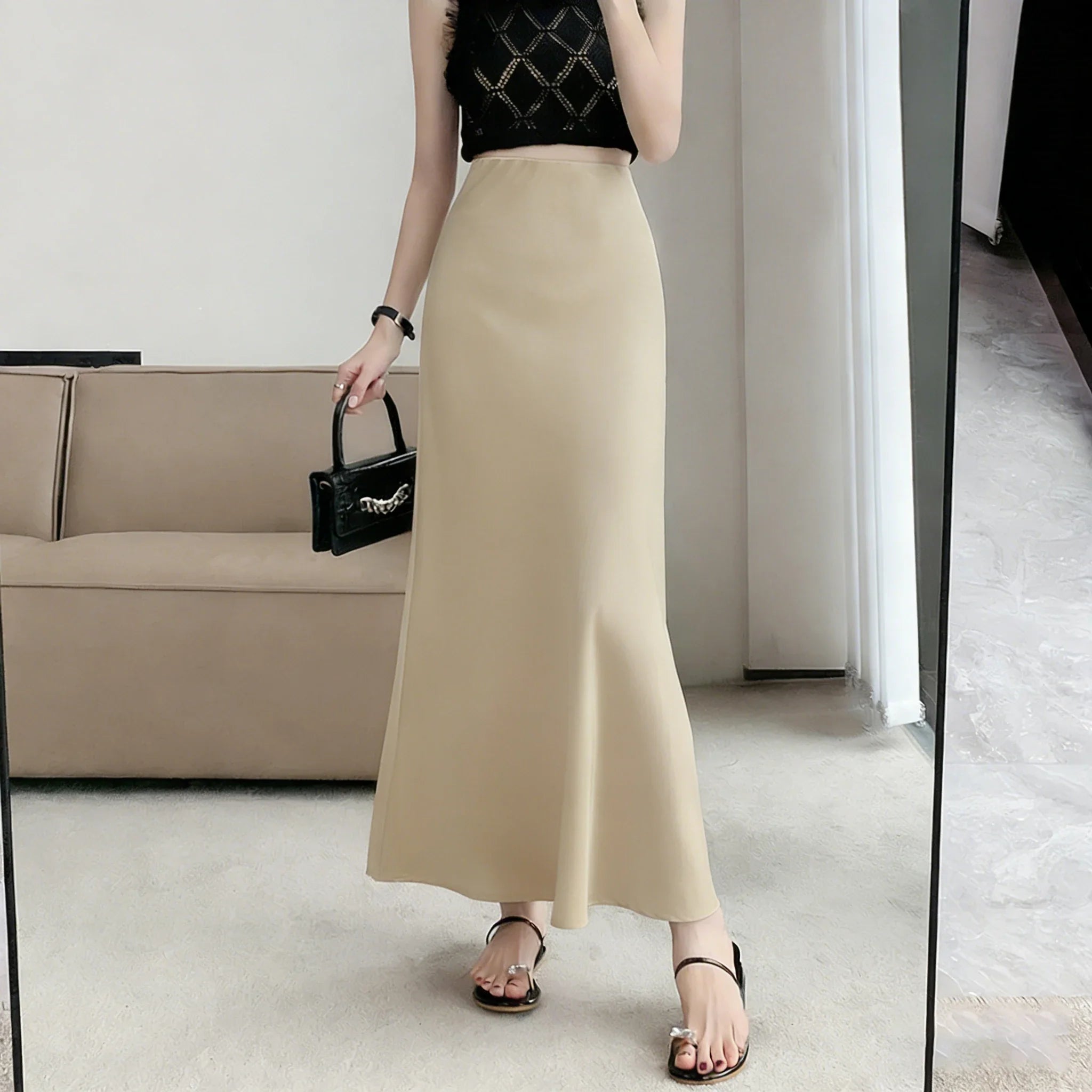 Acetic Satin Fishtail Skirt Woman Korean Fashion Elastic High Waist Skirts for Women Spring/Summer 2024 New Chic Lady Skirts