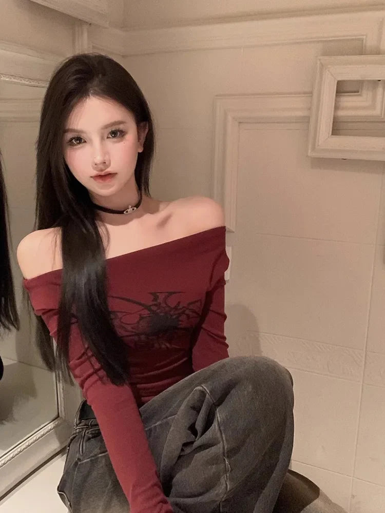 Y2K Long Sleeve Off-Shoulder Slash Neck Appliques Slim Fit Crop Tee Vintage Streetwear