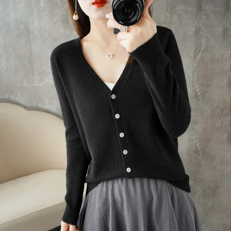 Women's V-Neck Knitted Cardigan - Loose Fit Button-Up Sweater