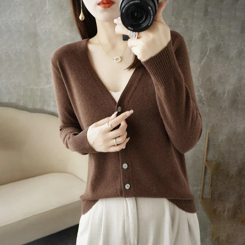 Women's V-Neck Knitted Cardigan - Loose Fit Button-Up Sweater
