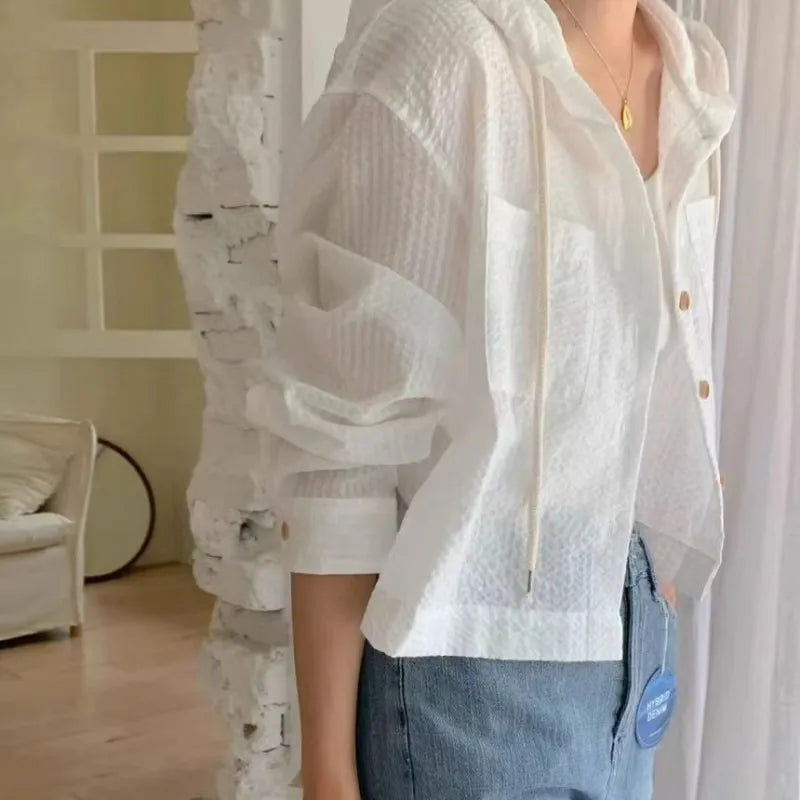 Striped Hooded Single-Breasted Long Sleeve Loose Shirt