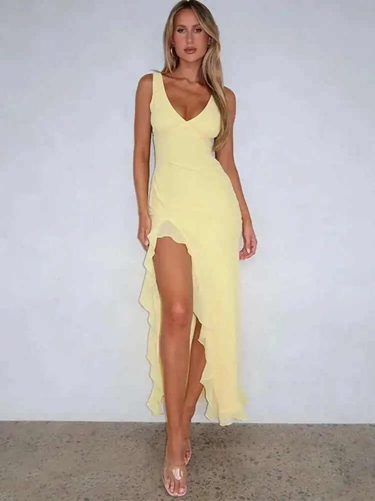 Ruffle Spaghetti Strap Backless High Split Midi Dress