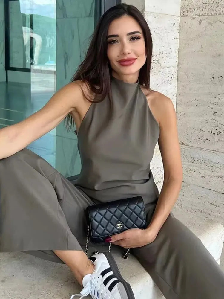 Backless Halter Top & Wide-Leg Pants Set