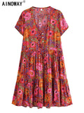 Women's Vintage Floral Print Boho Mini Dress