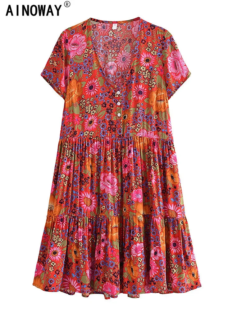 Women's Vintage Floral Print Boho Mini Dress