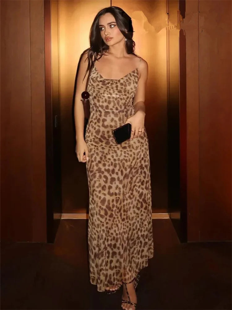 Leopard Print Tulle Slip Dress Women Backless Vintage Sexy Party Midi Holiday Dress