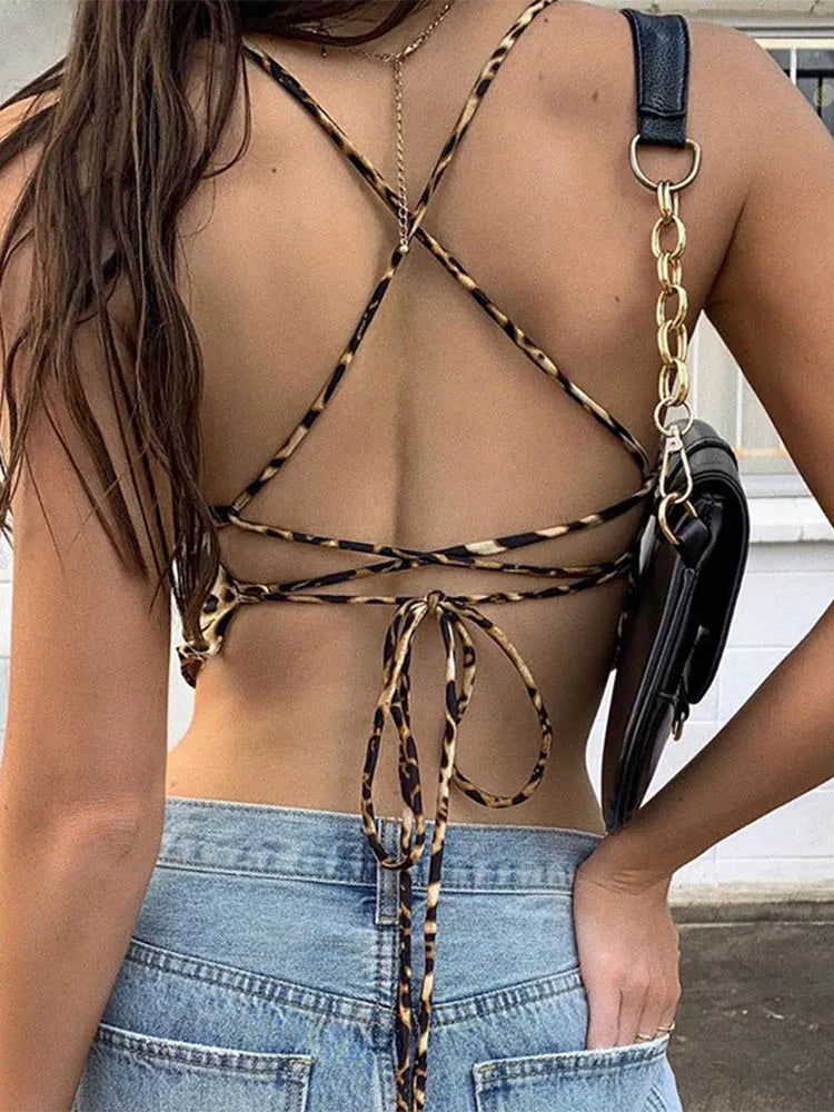Leopard Print Backless Cross Lace-Up Bralette Crop Top