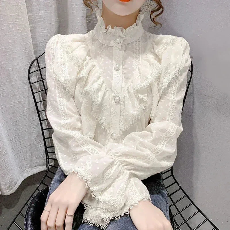 Elegant Stand Collar Pleated Tops Casual Ruffle Lace Blouse