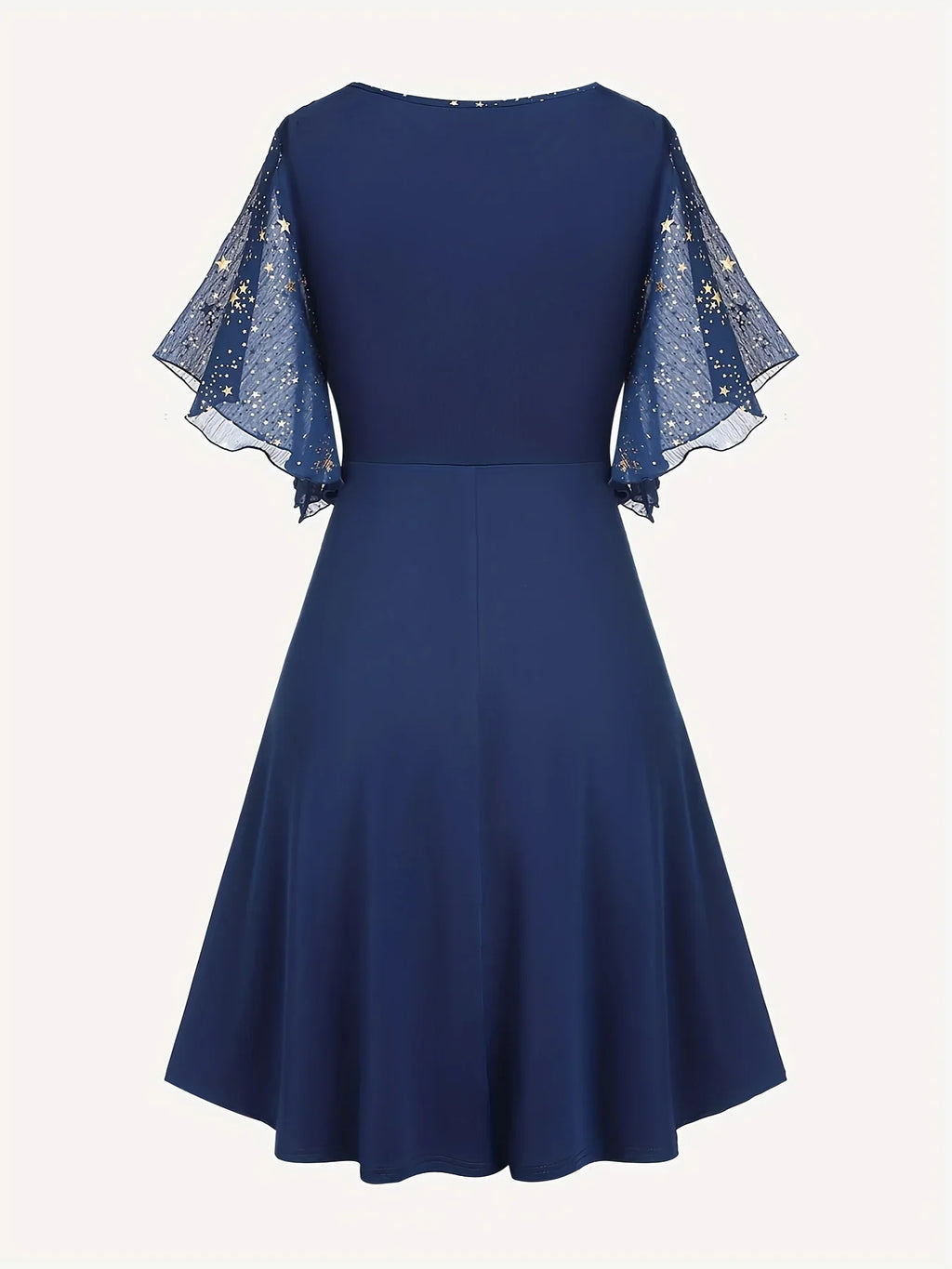 Butterfly Sleeve Star Print Button Pocket Pleats Sequined Regular Fit Dress Plus Size