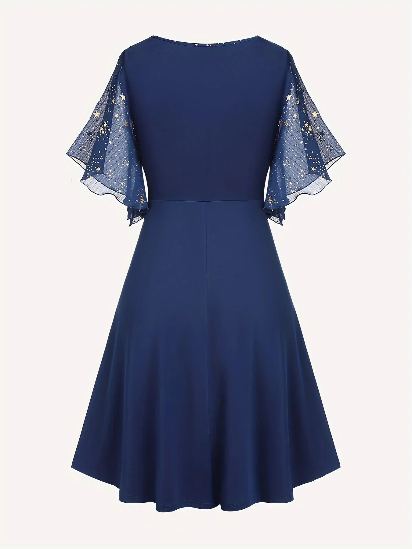 Butterfly Sleeve Star Print Button Pocket Pleats Sequined Regular Fit Dress Plus Size