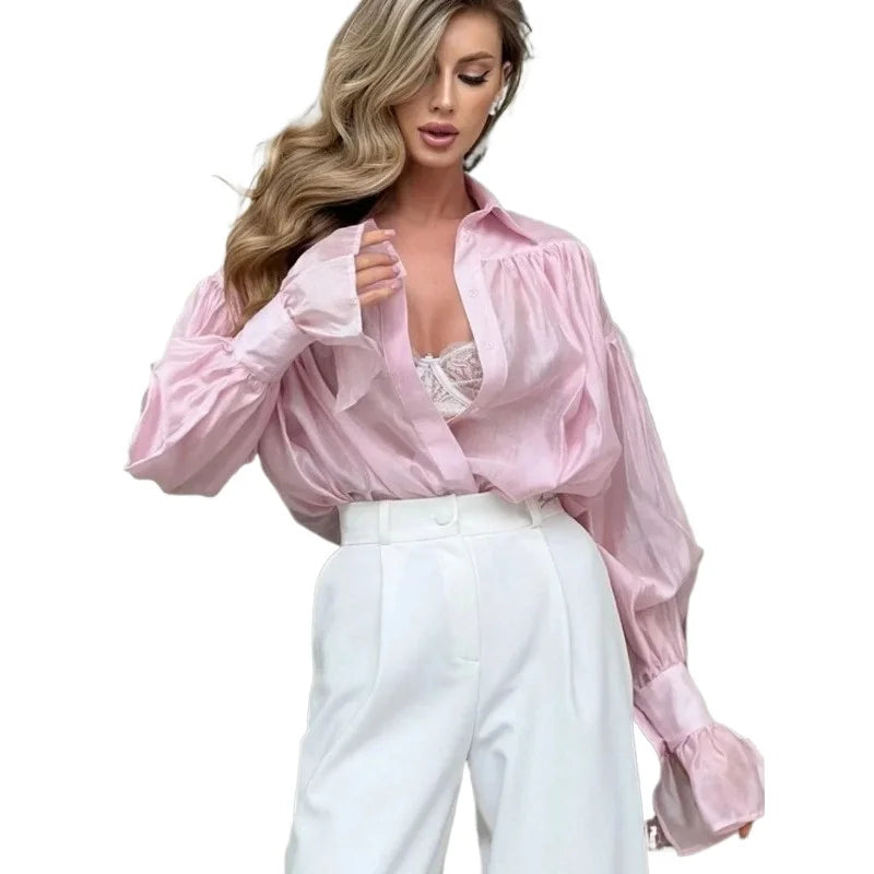 Turn-Down Collar Chiffon Shirt Long Sleeve Loose Fit Blouse