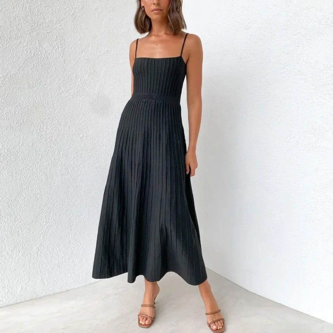 Knitted Pleated Midi Dress High Waist Sleeveless Sling Dress Women Bodycon Streetwear