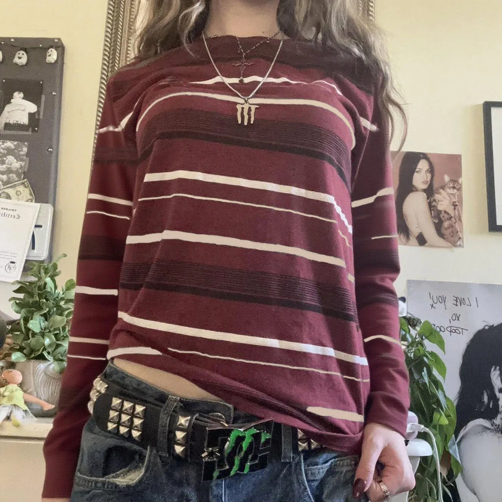 Striped Long Sleeve T-Shirt Women V-Neck Baggy Top