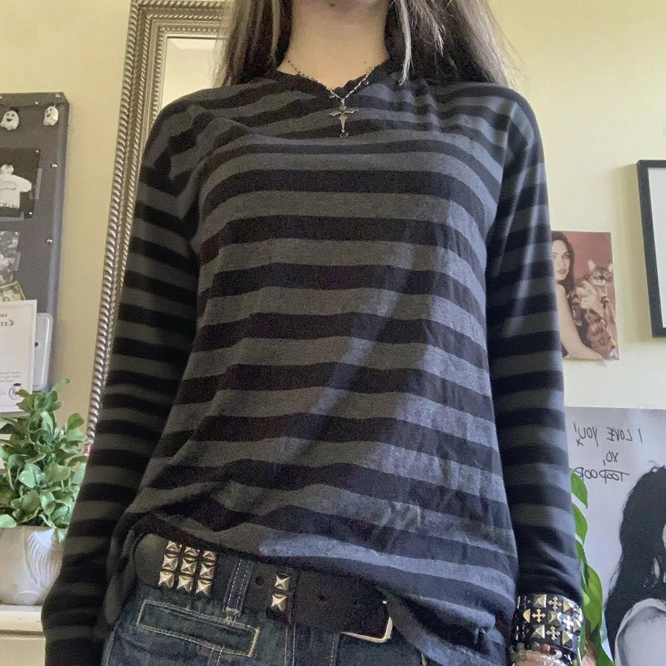 Striped Long Sleeve T-Shirt Women V-Neck Baggy Top