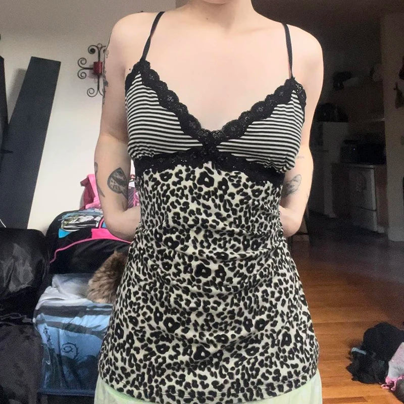 Leopard Print Slim Sexy Camisole Y2K Vintage Lace Patchwork V Neck Spaghetti Strap Tank Top