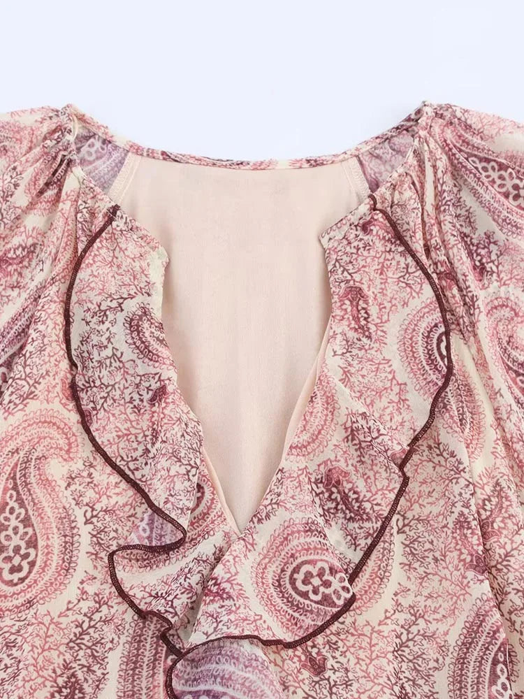 MIDI Dress Vintage Print Chiffon V-Neck Cascading Ruffle Long Sleeve Female Elegant Street Dresses Clothing