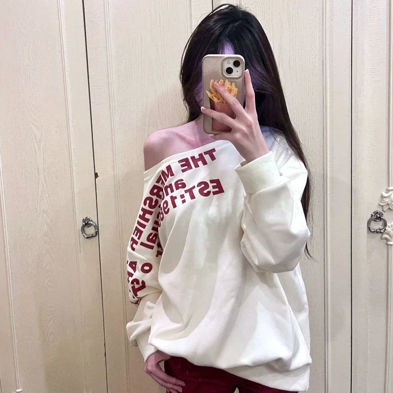 Women's Oversized Off-Shoulder Letter Print T-Shirt